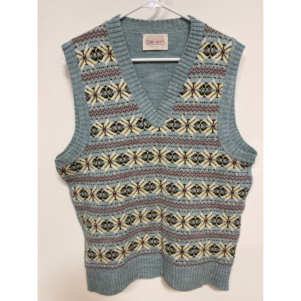 Vintage Lord Jeff Fair Isle Snowflake Sweater Vest Blue Orlon USA Mens Large